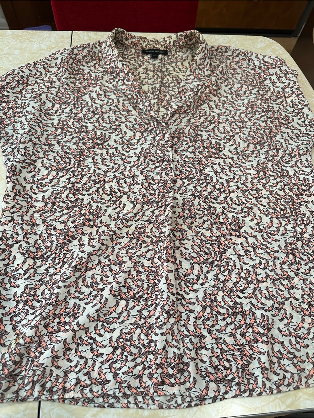 Banana Republic White Shirt with Pink and Black Bird Print Sz L
